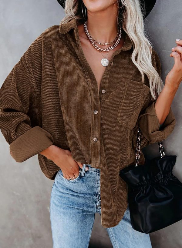 Dokotoo Womens Corduroy Button Down Shirts Boyfriend Long Sleeve Oversized Blouses Tops - Image 75