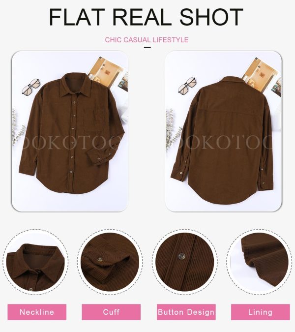 Dokotoo Womens Corduroy Button Down Shirts Boyfriend Long Sleeve Oversized Blouses Tops - Image 76