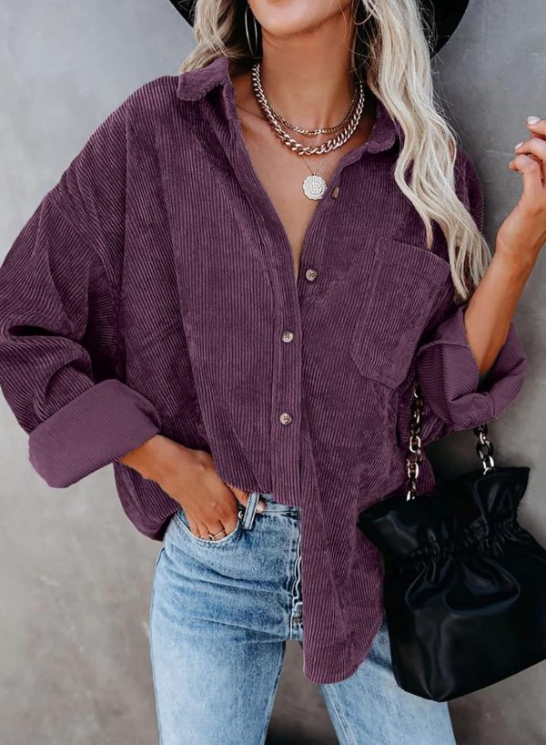 Dokotoo Womens Corduroy Button Down Shirts Boyfriend Long Sleeve Oversized Blouses Tops - Image 78