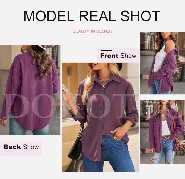 Dokotoo Womens Corduroy Button Down Shirts Boyfriend Long Sleeve Oversized Blouses Tops - Image 80