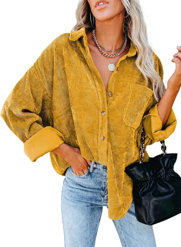 Dokotoo Womens Corduroy Button Down Shirts Boyfriend Long Sleeve Oversized Blouses Tops - Image 82
