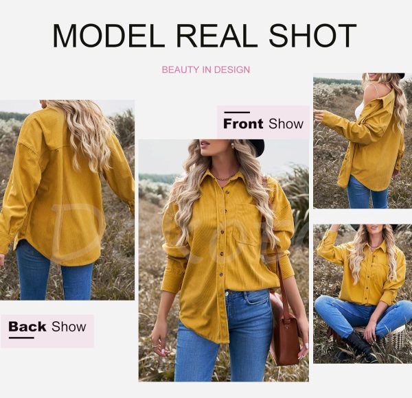 Dokotoo Womens Corduroy Button Down Shirts Boyfriend Long Sleeve Oversized Blouses Tops - Image 85