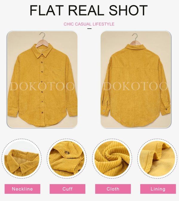 Dokotoo Womens Corduroy Button Down Shirts Boyfriend Long Sleeve Oversized Blouses Tops - Image 86
