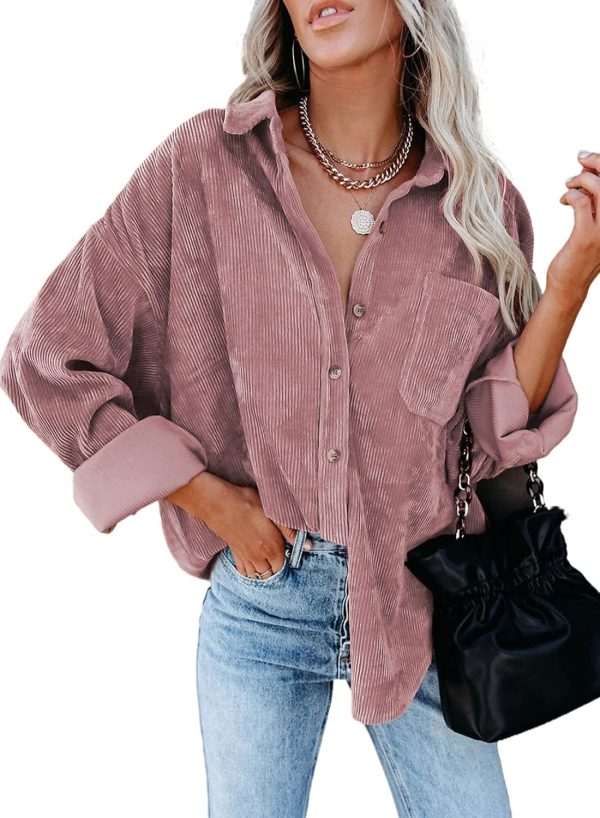 Dokotoo Womens Corduroy Button Down Shirts Boyfriend Long Sleeve Oversized Blouses Tops - Image 87