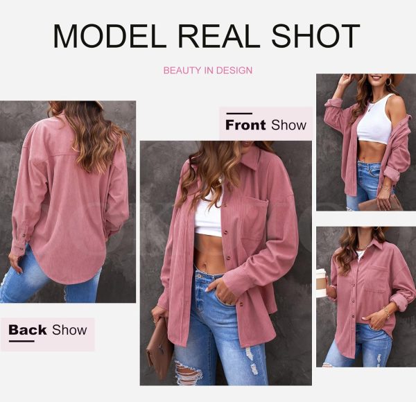 Dokotoo Womens Corduroy Button Down Shirts Boyfriend Long Sleeve Oversized Blouses Tops - Image 89
