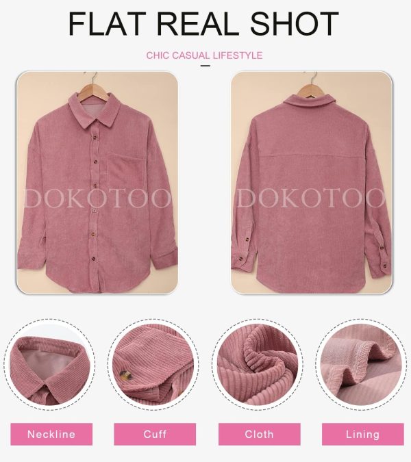 Dokotoo Womens Corduroy Button Down Shirts Boyfriend Long Sleeve Oversized Blouses Tops - Image 90