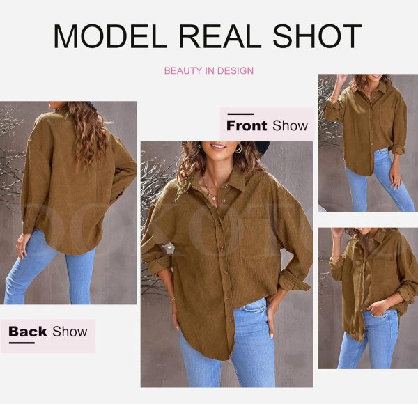 Dokotoo Womens Corduroy Button Down Shirts Boyfriend Long Sleeve Oversized Blouses Tops - Image 97