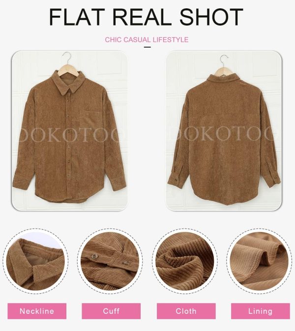 Dokotoo Womens Corduroy Button Down Shirts Boyfriend Long Sleeve Oversized Blouses Tops - Image 98