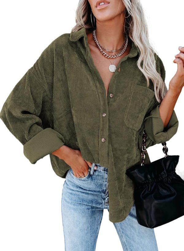 Dokotoo Womens Corduroy Button Down Shirts Boyfriend Long Sleeve Oversized Blouses Tops - Image 103