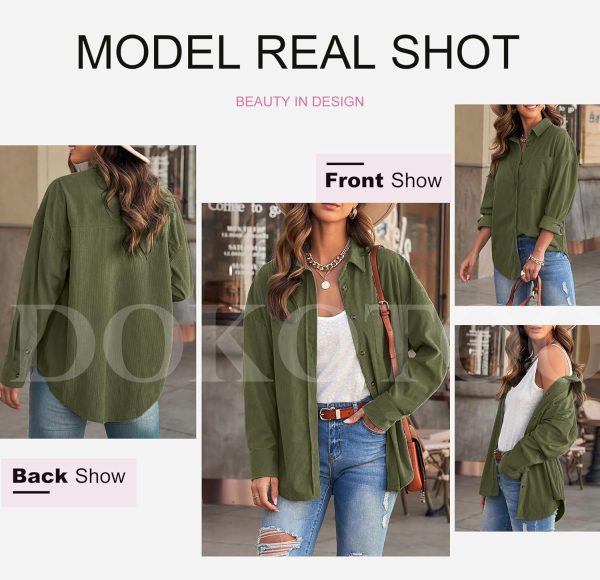 Dokotoo Womens Corduroy Button Down Shirts Boyfriend Long Sleeve Oversized Blouses Tops - Image 106