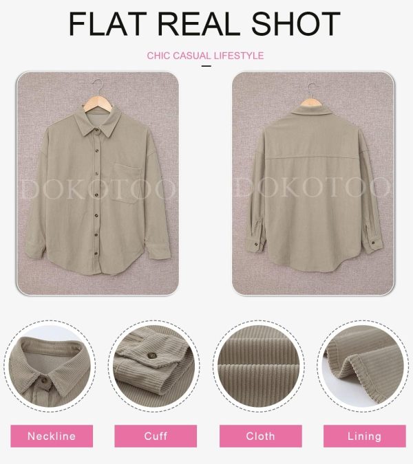 Dokotoo Womens Corduroy Button Down Shirts Boyfriend Long Sleeve Oversized Blouses Tops - Image 111
