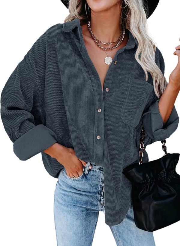 Dokotoo Womens Corduroy Button Down Shirts Boyfriend Long Sleeve Oversized Blouses Tops - Image 117