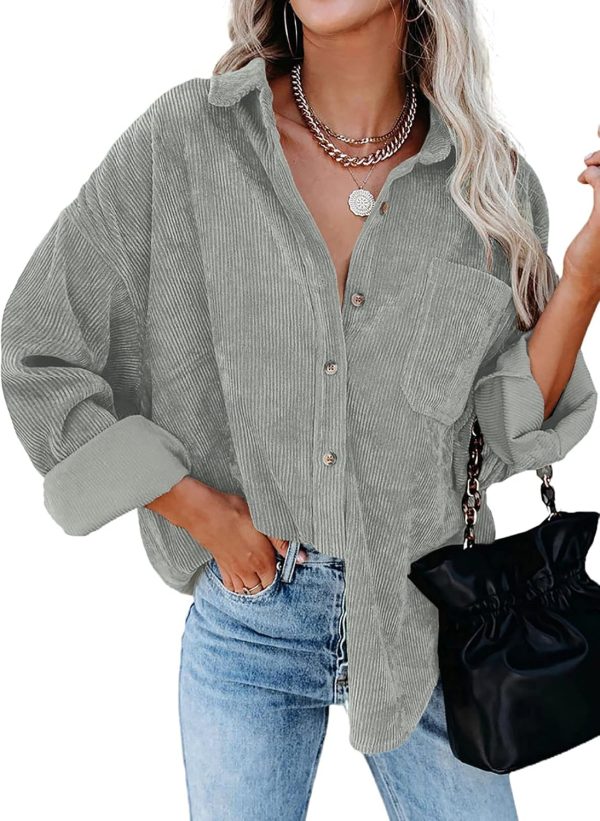 Dokotoo Womens Corduroy Button Down Shirts Boyfriend Long Sleeve Oversized Blouses Tops - Image 121