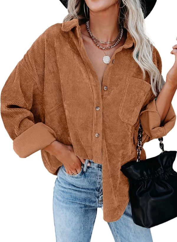 Dokotoo Womens Corduroy Button Down Shirts Boyfriend Long Sleeve Oversized Blouses Tops - Image 131
