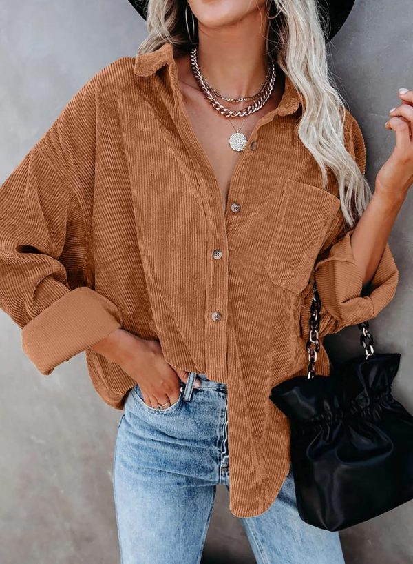 Dokotoo Womens Corduroy Button Down Shirts Boyfriend Long Sleeve Oversized Blouses Tops - Image 132