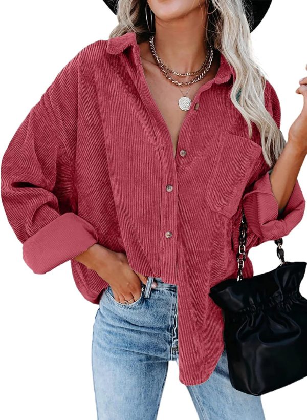 Dokotoo Womens Corduroy Button Down Shirts Boyfriend Long Sleeve Oversized Blouses Tops - Image 137