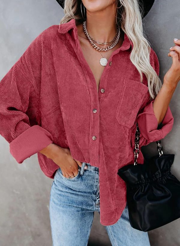 Dokotoo Womens Corduroy Button Down Shirts Boyfriend Long Sleeve Oversized Blouses Tops - Image 138