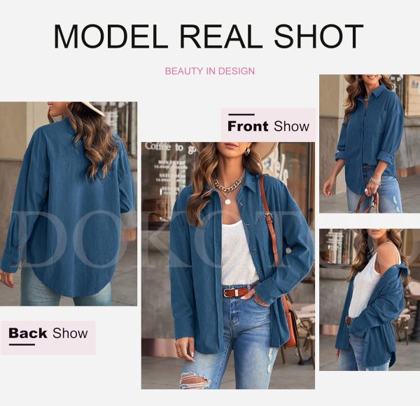 Dokotoo Womens Corduroy Button Down Shirts Boyfriend Long Sleeve Oversized Blouses Tops - Image 156