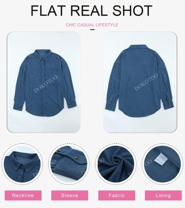 Dokotoo Womens Corduroy Button Down Shirts Boyfriend Long Sleeve Oversized Blouses Tops - Image 157