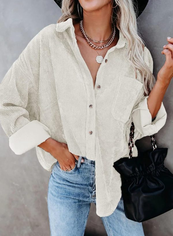 Dokotoo Womens Corduroy Button Down Shirts Boyfriend Long Sleeve Oversized Blouses Tops - Image 159
