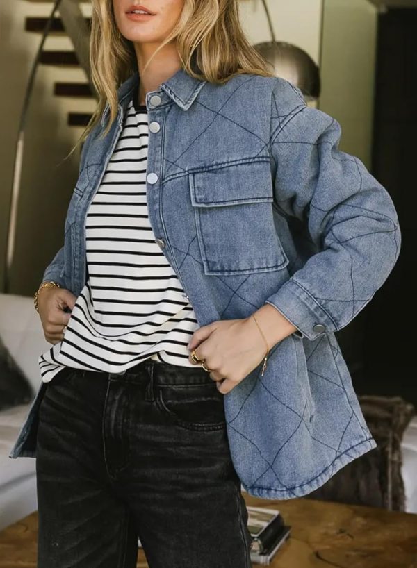 Dokotoo Denim Jacket for Women Fashion Solid Oversized Long Sleeve Button Down Shacket Jacket Coat with Pockets - Image 7