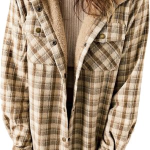Dokotoo Womens Plaid Shacket Jacket Long Sleeve Button Down Fleece Hooded Jackets Warm Coat