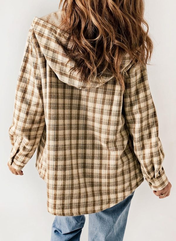 Dokotoo Womens Plaid Shacket Jacket Long Sleeve Button Down Fleece Hooded Jackets Warm Coat - Image 3
