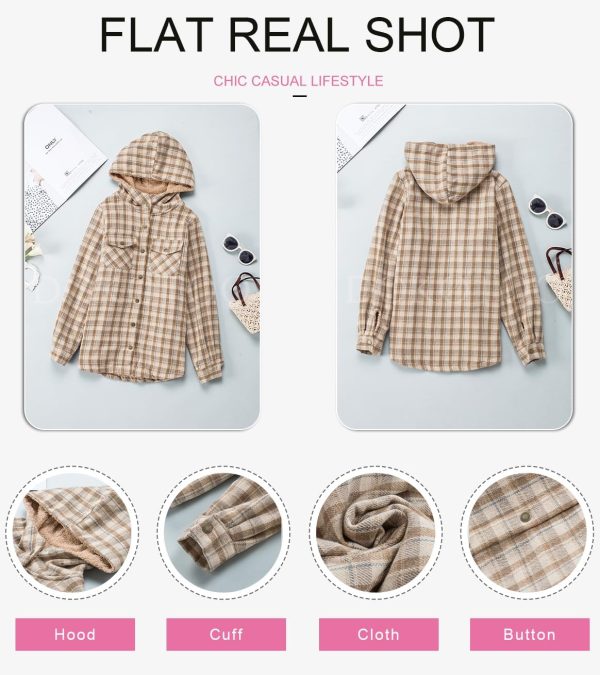 Dokotoo Womens Plaid Shacket Jacket Long Sleeve Button Down Fleece Hooded Jackets Warm Coat - Image 5