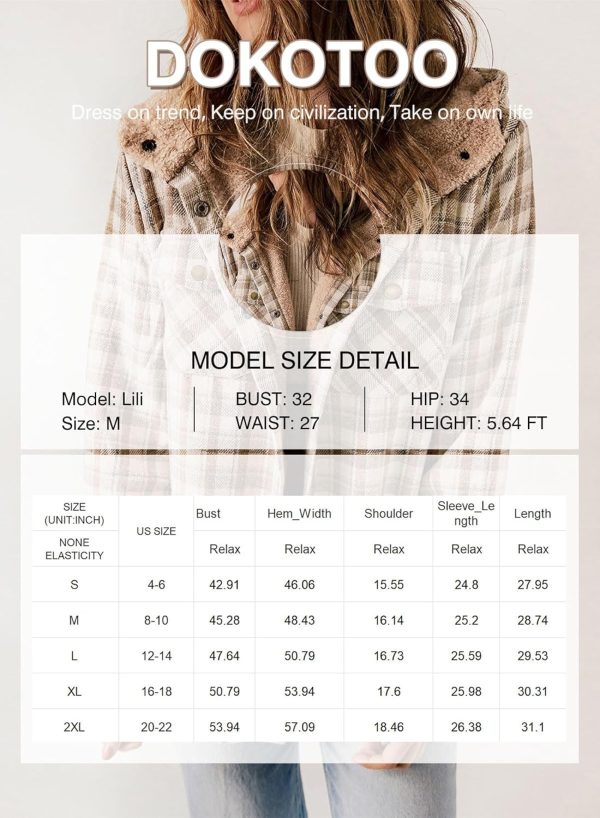 Dokotoo Womens Plaid Shacket Jacket Long Sleeve Button Down Fleece Hooded Jackets Warm Coat - Image 6