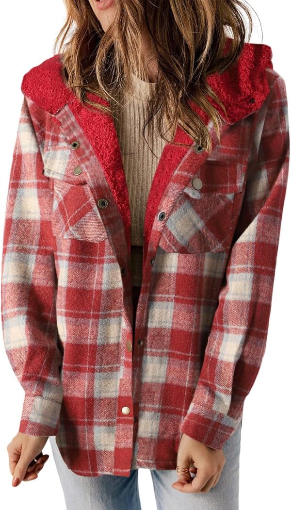 Dokotoo Womens Plaid Shacket Jacket Long Sleeve Button Down Fleece Hooded Jackets Warm Coat - Image 9
