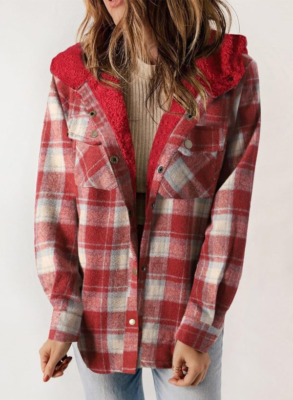 Dokotoo Womens Plaid Shacket Jacket Long Sleeve Button Down Fleece Hooded Jackets Warm Coat - Image 10