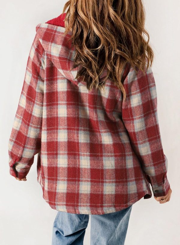 Dokotoo Womens Plaid Shacket Jacket Long Sleeve Button Down Fleece Hooded Jackets Warm Coat - Image 11