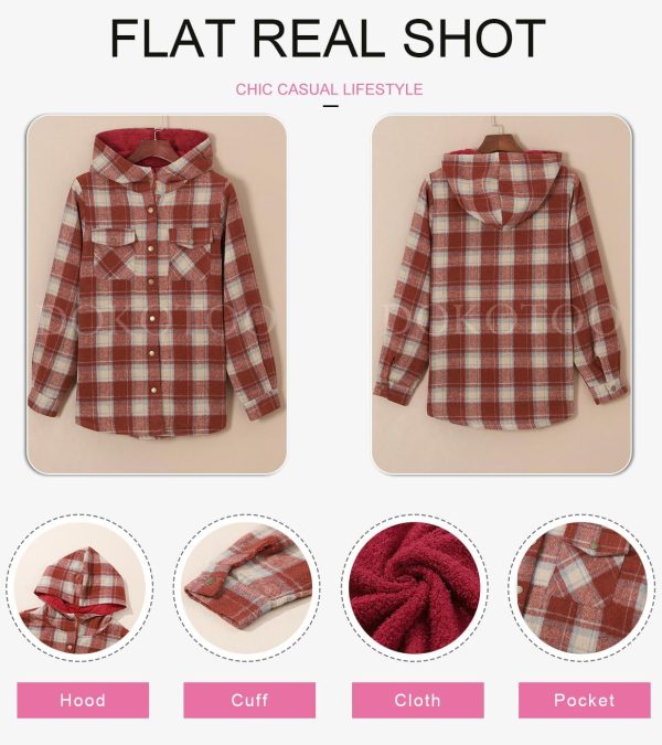 Dokotoo Womens Plaid Shacket Jacket Long Sleeve Button Down Fleece Hooded Jackets Warm Coat - Image 13