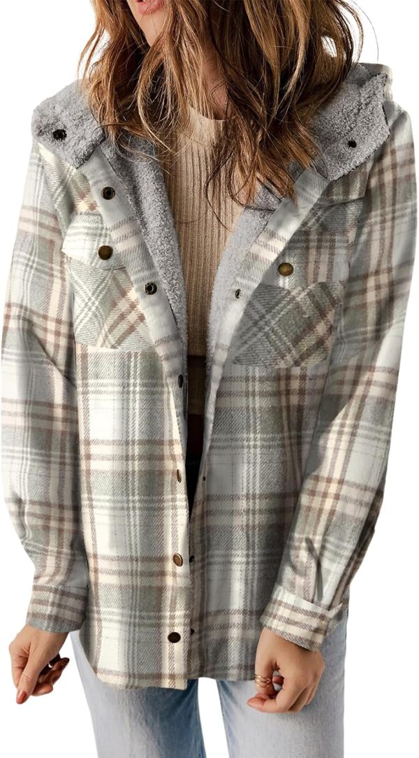 Dokotoo Womens Plaid Shacket Jacket Long Sleeve Button Down Fleece Hooded Jackets Warm Coat - Image 14