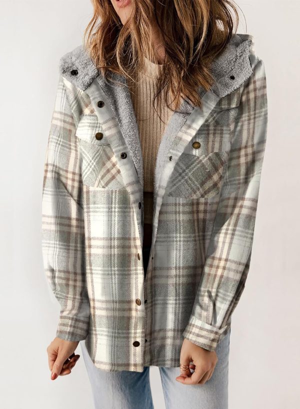 Dokotoo Womens Plaid Shacket Jacket Long Sleeve Button Down Fleece Hooded Jackets Warm Coat - Image 15