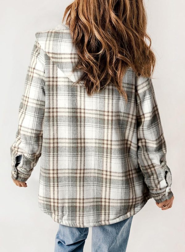Dokotoo Womens Plaid Shacket Jacket Long Sleeve Button Down Fleece Hooded Jackets Warm Coat - Image 16