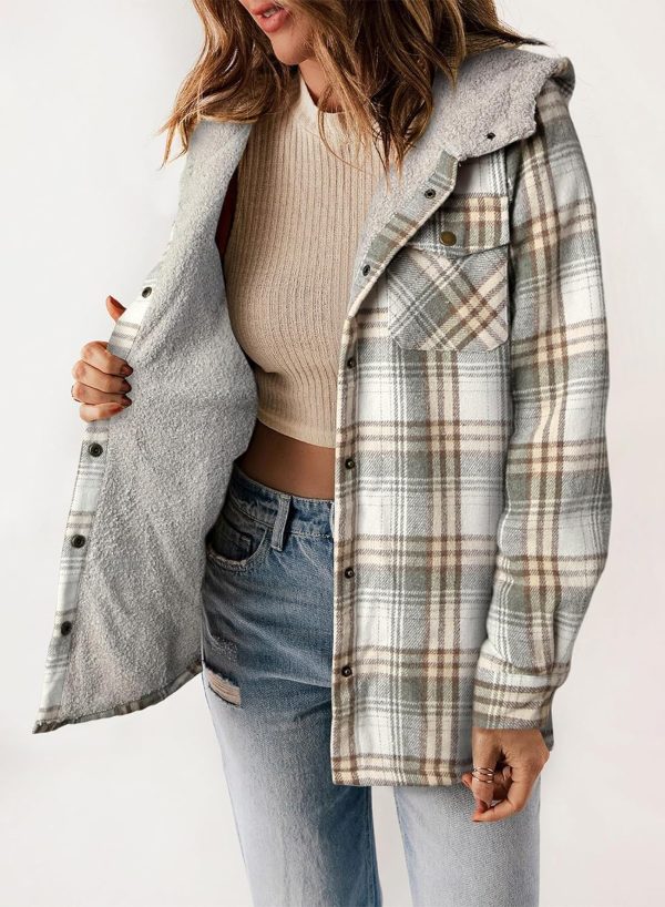 Dokotoo Womens Plaid Shacket Jacket Long Sleeve Button Down Fleece Hooded Jackets Warm Coat - Image 17