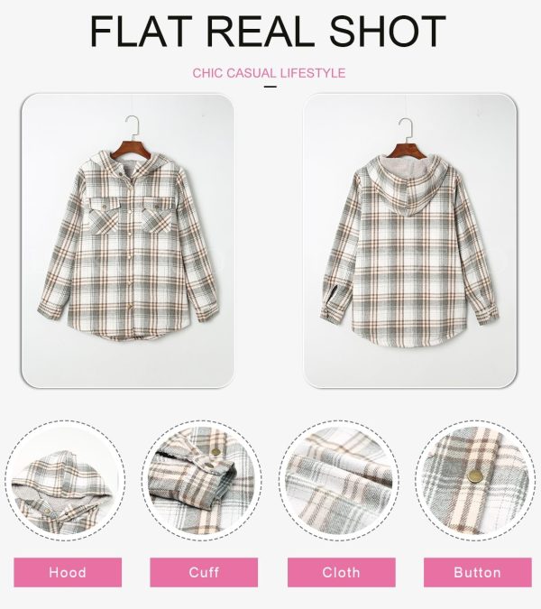 Dokotoo Womens Plaid Shacket Jacket Long Sleeve Button Down Fleece Hooded Jackets Warm Coat - Image 18