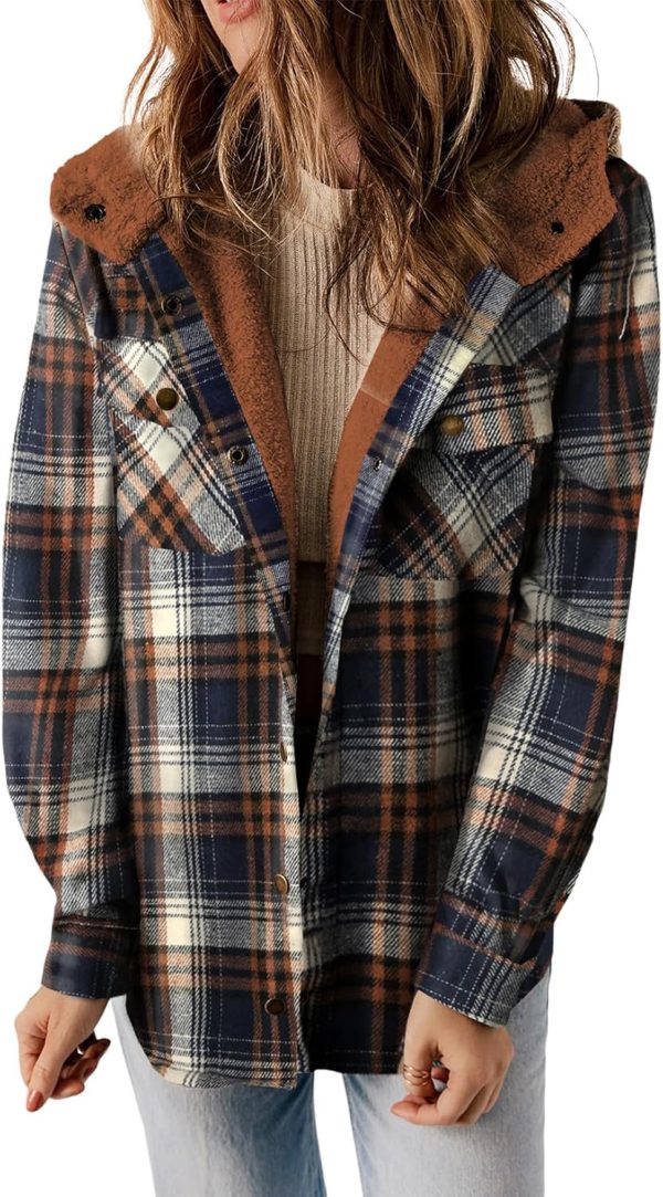 Dokotoo Womens Plaid Shacket Jacket Long Sleeve Button Down Fleece Hooded Jackets Warm Coat - Image 19