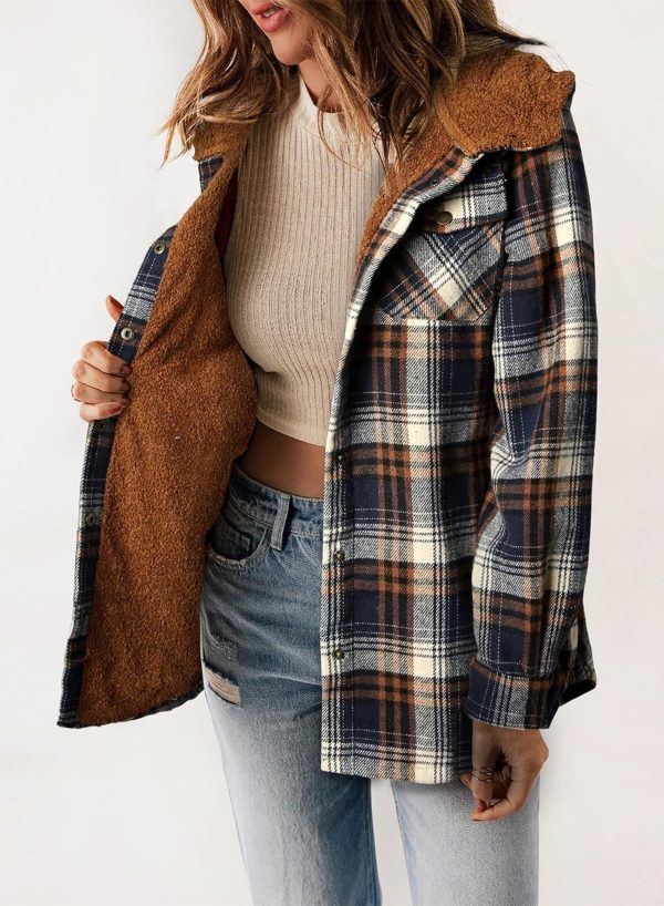 Dokotoo Womens Plaid Shacket Jacket Long Sleeve Button Down Fleece Hooded Jackets Warm Coat - Image 20