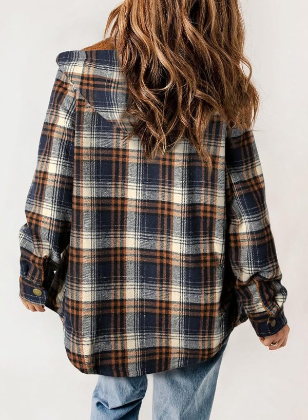 Dokotoo Womens Plaid Shacket Jacket Long Sleeve Button Down Fleece Hooded Jackets Warm Coat - Image 21