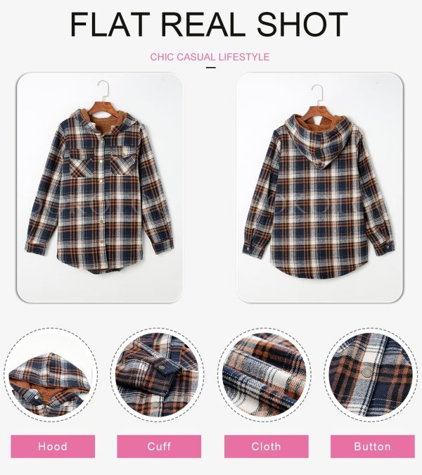 Dokotoo Womens Plaid Shacket Jacket Long Sleeve Button Down Fleece Hooded Jackets Warm Coat - Image 23