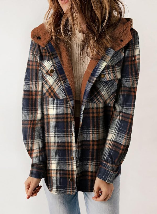 Dokotoo Womens Plaid Shacket Jacket Long Sleeve Button Down Fleece Hooded Jackets Warm Coat - Image 24