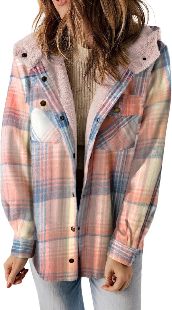 Dokotoo Womens Plaid Shacket Jacket Long Sleeve Button Down Fleece Hooded Jackets Warm Coat - Image 25