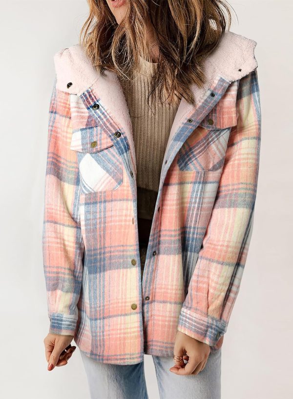 Dokotoo Womens Plaid Shacket Jacket Long Sleeve Button Down Fleece Hooded Jackets Warm Coat - Image 26