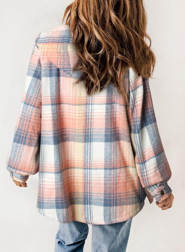 Dokotoo Womens Plaid Shacket Jacket Long Sleeve Button Down Fleece Hooded Jackets Warm Coat - Image 27