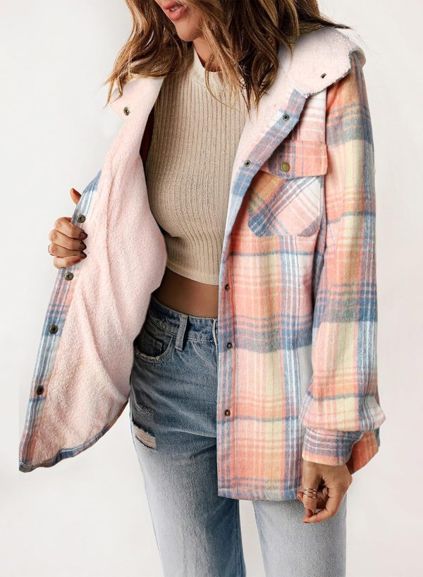 Dokotoo Womens Plaid Shacket Jacket Long Sleeve Button Down Fleece Hooded Jackets Warm Coat - Image 28