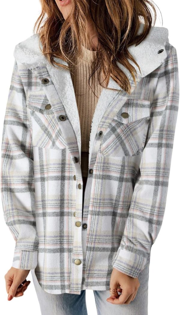 Dokotoo Womens Plaid Shacket Jacket Long Sleeve Button Down Fleece Hooded Jackets Warm Coat - Image 30