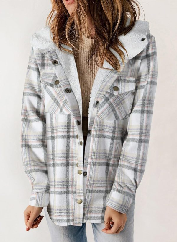Dokotoo Womens Plaid Shacket Jacket Long Sleeve Button Down Fleece Hooded Jackets Warm Coat - Image 31