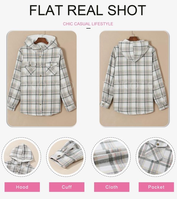 Dokotoo Womens Plaid Shacket Jacket Long Sleeve Button Down Fleece Hooded Jackets Warm Coat - Image 34